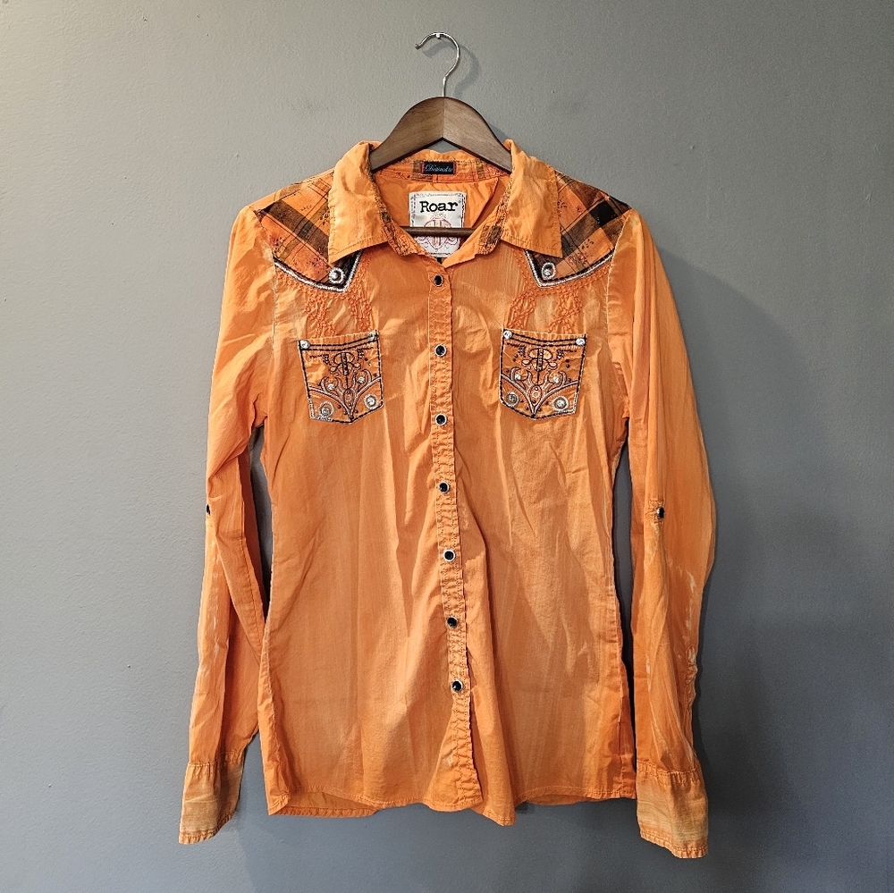 ROAR Asha Orange Rhinestone/Embroidered Rodeo Button Up Western Shirt Womens S L